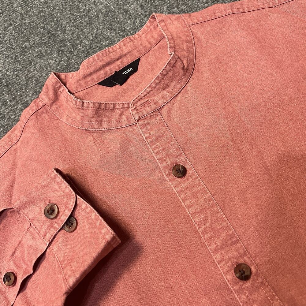 J Peterman Co. Band Mandarin Granddad Collar Red Shirt M USA Poet Preppy 90s